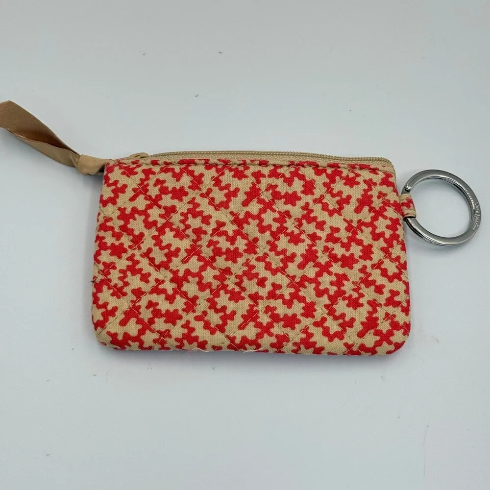 Vera‎ Bradley Zip ID Case Desert Cloud Wallet Red Tan Quilted Cotton Key Ring